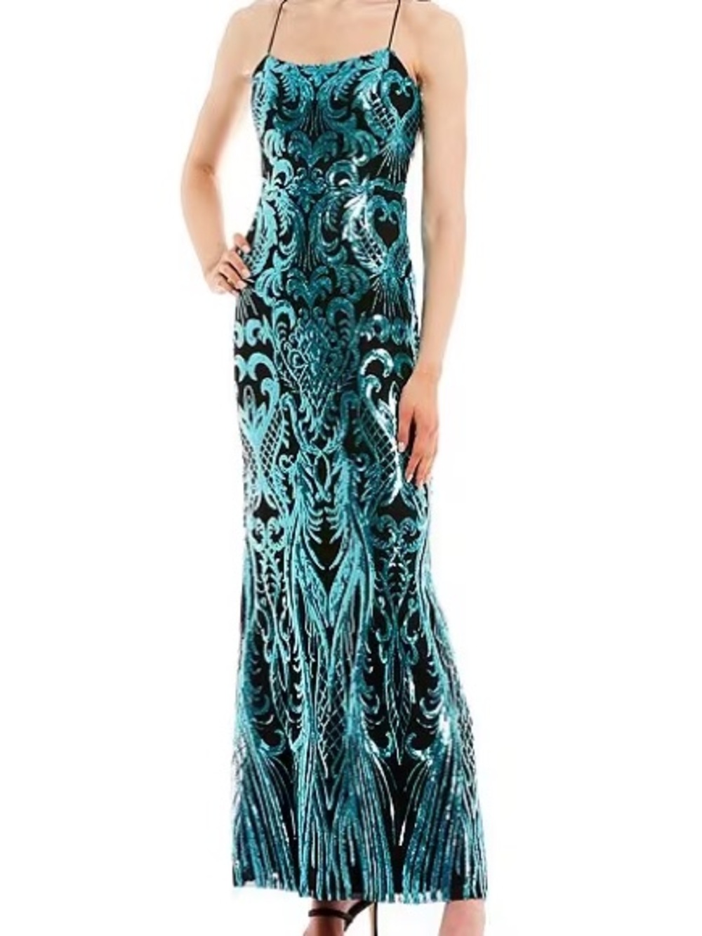 Blue Patterned Sequin Slip Maxi Dress